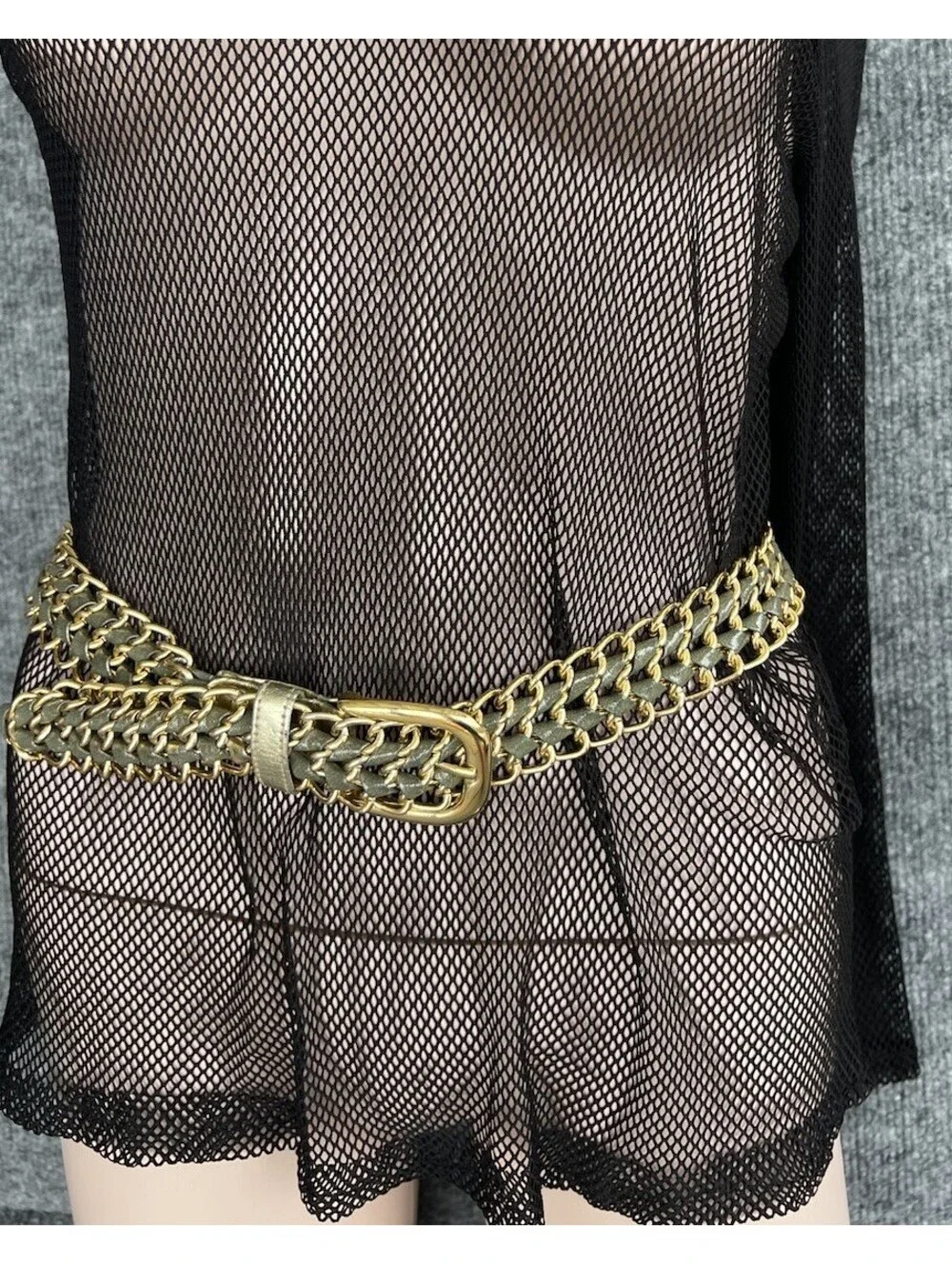 Retro Metallic Gold Green Woven Mesh Chain Belt Braided Crochet Size S/ M.